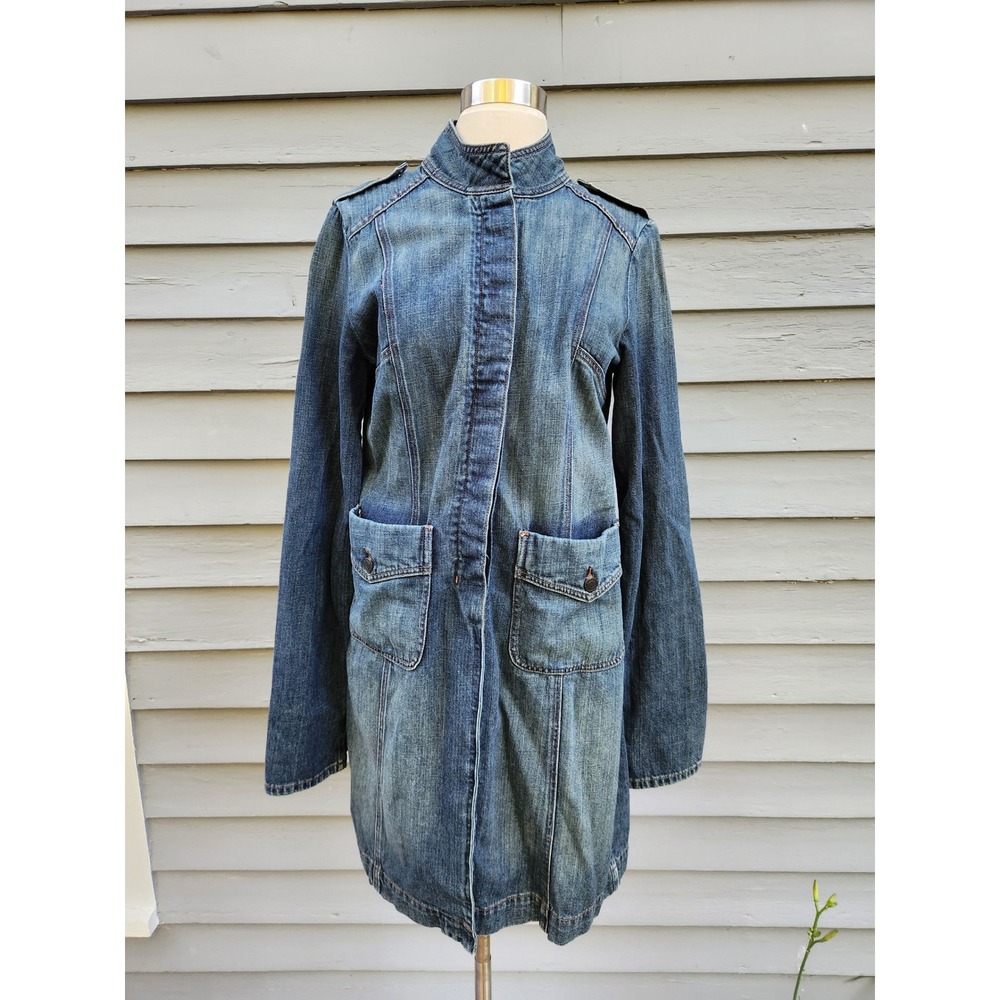 Express Denim Trench Coat Blue Military Utility Jacket Epaulettes Size 7/8